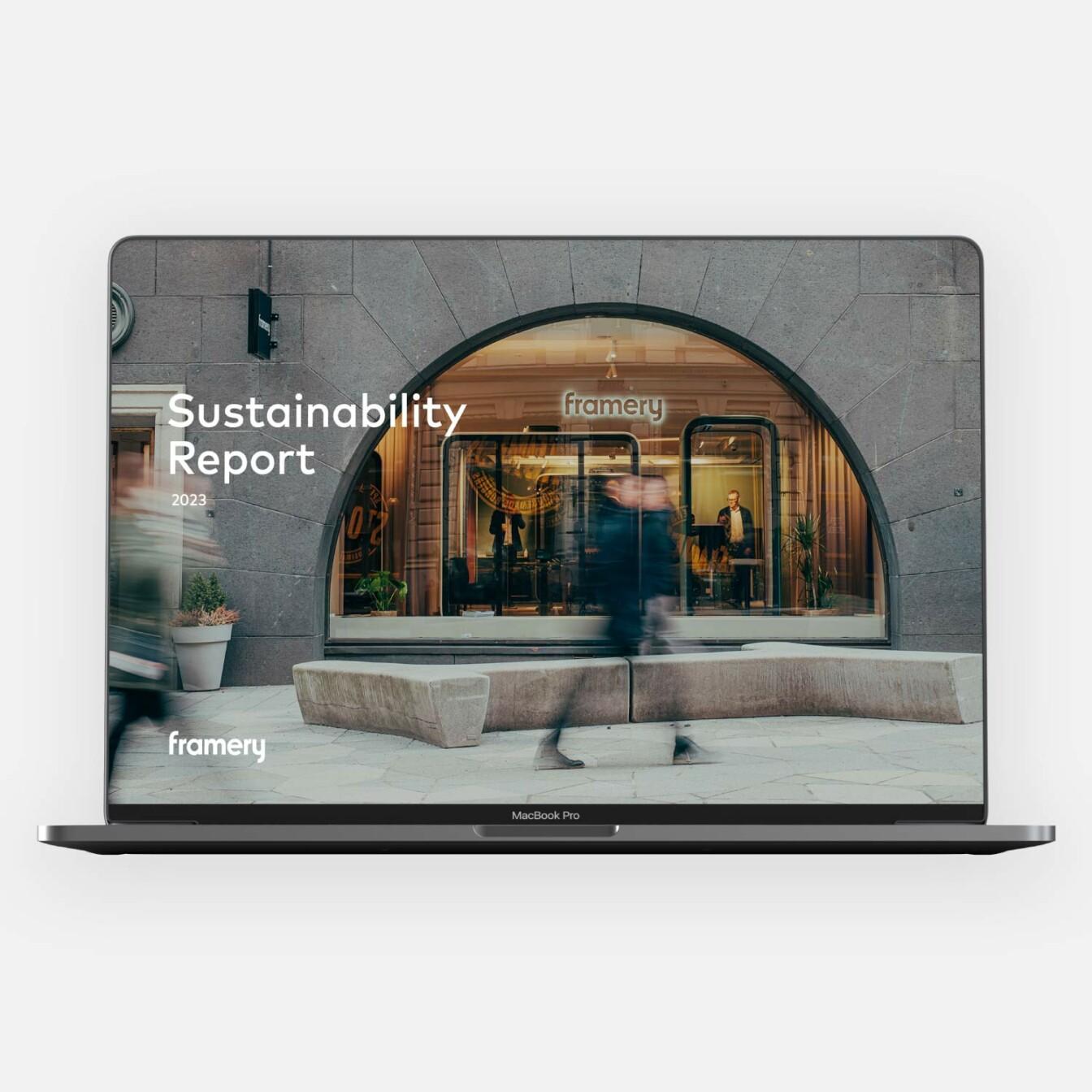 Framery 2023 Sustainability Report on a laptop screen.